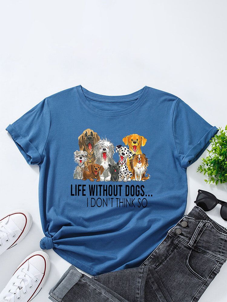 Litery Cartoon Dog Print Damskie T-shirt Z Okrągłym Dekoltem Dla Kobiet