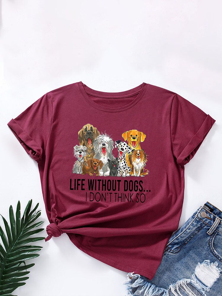 Litery Cartoon Dog Print Damskie T-shirt Z Okrągłym Dekoltem Dla Kobiet