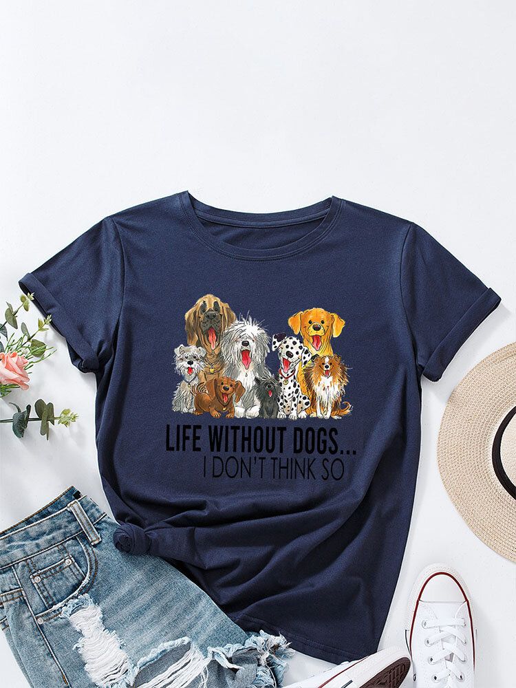 Litery Cartoon Dog Print Damskie T-shirt Z Okrągłym Dekoltem Dla Kobiet