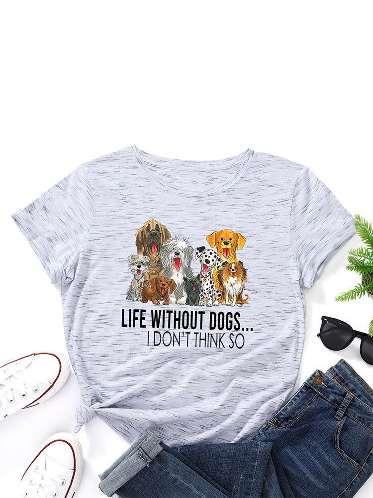 Litery Cartoon Dog Print Damskie T-shirt Z Okrągłym Dekoltem Dla Kobiet