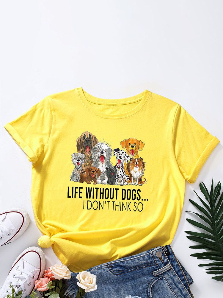 Litery Cartoon Dog Print Damskie T-shirt Z Okrągłym Dekoltem Dla Kobiet