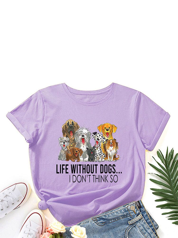 Litery Cartoon Dog Print Damskie T-shirt Z Okrągłym Dekoltem Dla Kobiet