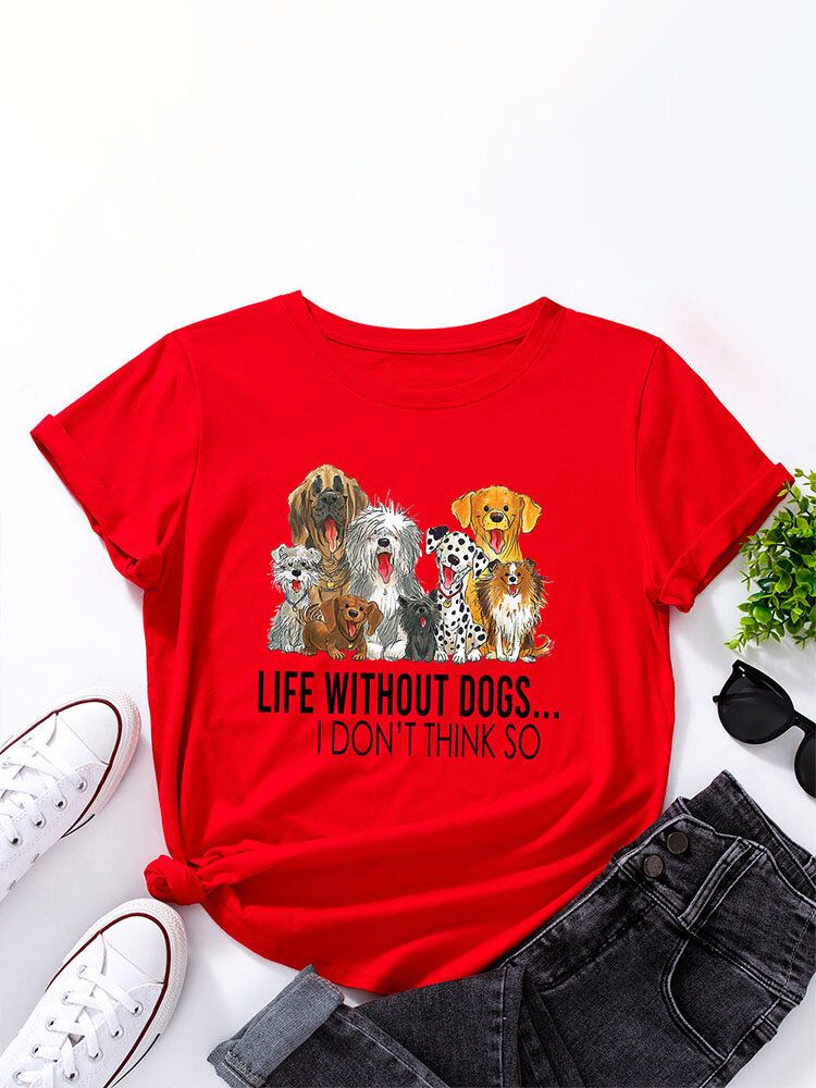 Litery Cartoon Dog Print Damskie T-shirt Z Okrągłym Dekoltem Dla Kobiet