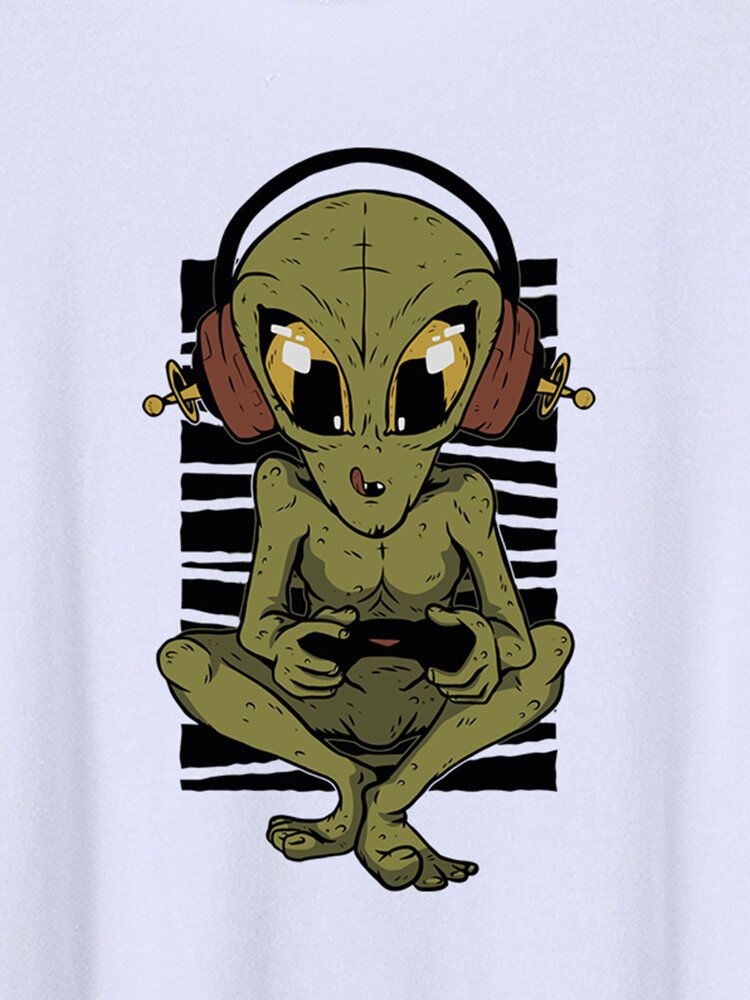 Mężczyźni Alien Pattern Crew Neck Hem Mankiet Krótki Rękaw Miękkie Casual T-shirty