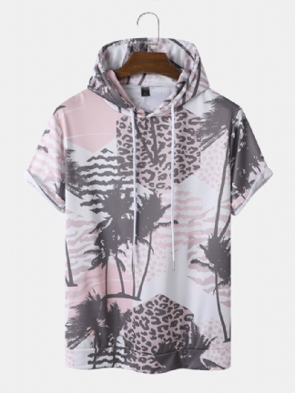 Mężczyźni Palm Tree Leopard Z Kapturem Sznurek Z Krótkim Rękawem Casual T-shirty