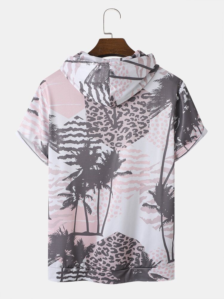 Mężczyźni Palm Tree Leopard Z Kapturem Sznurek Z Krótkim Rękawem Casual T-shirty