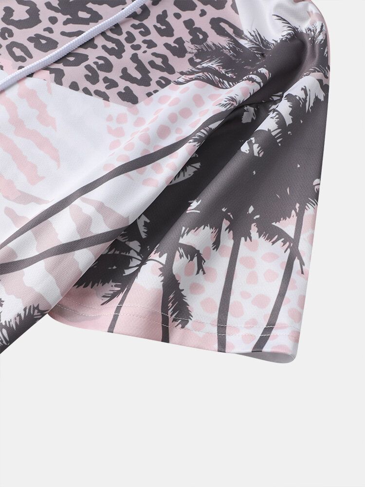 Mężczyźni Palm Tree Leopard Z Kapturem Sznurek Z Krótkim Rękawem Casual T-shirty