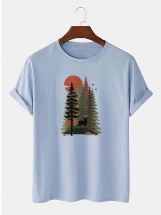 Męska Koszulka Z Krótkim Rękawem 100% Bawełna Forest Deer Painting Print Casual T-shirt