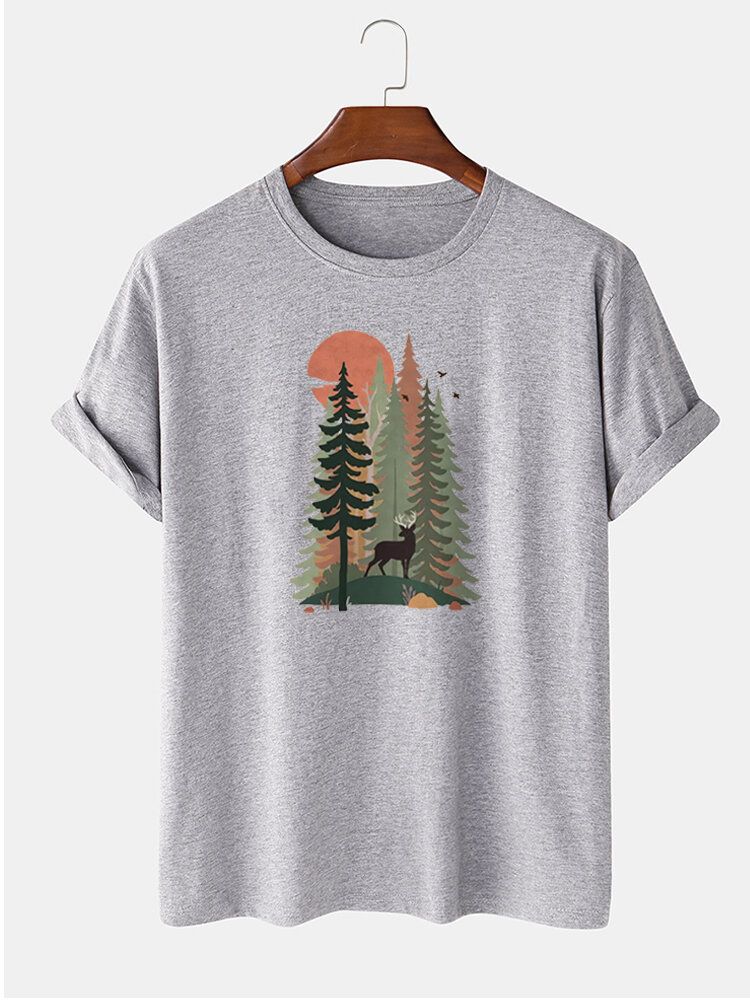 Męska Koszulka Z Krótkim Rękawem 100% Bawełna Forest Deer Painting Print Casual T-shirt