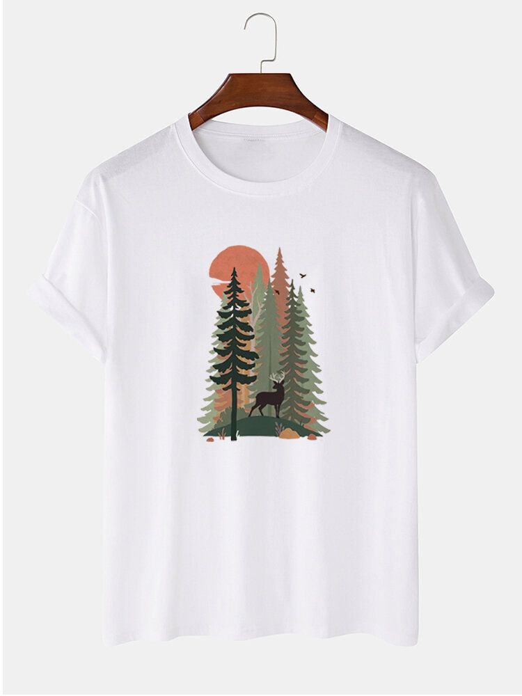 Męska Koszulka Z Krótkim Rękawem 100% Bawełna Forest Deer Painting Print Casual T-shirt