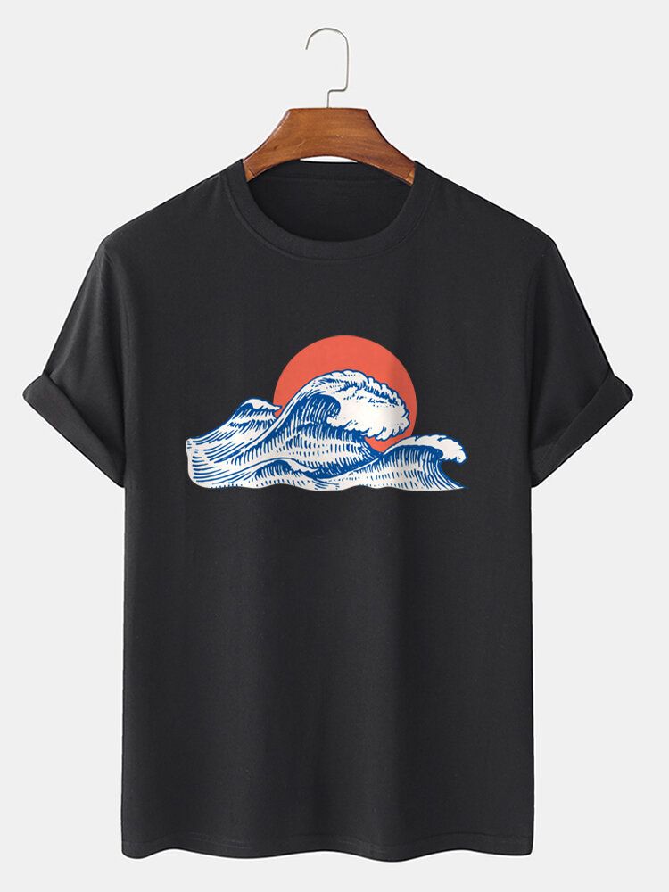 Męska Koszulka Z Krótkim Rękawem Wave Red Sun Graphic Cotton