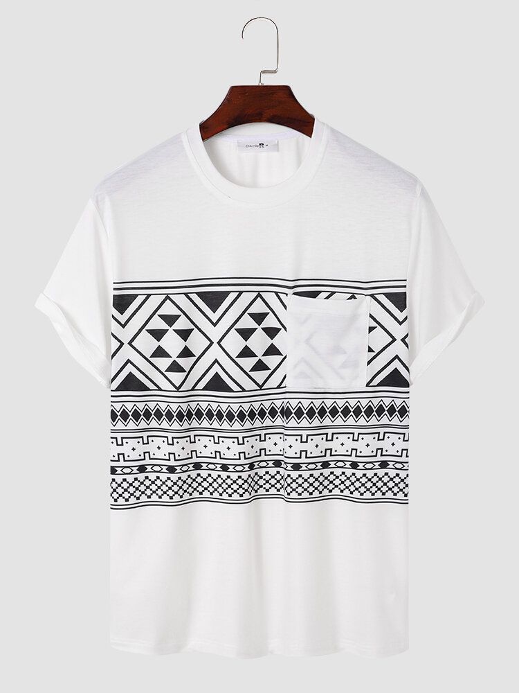 Męska Koszulka Z Nadrukiem Tribal Na Klatce Piersiowej Z Okrągłym Dekoltem I Miękkim Krótkim Rękawem Casual T-shirty