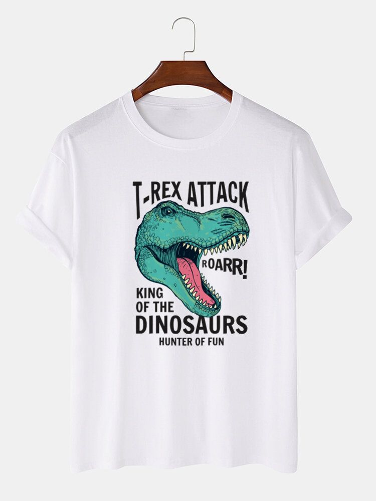 Męski Cartoon Dinosaur Letter Print O-neck 100% Bawełniane Koszulki Z Krótkim Rękawem