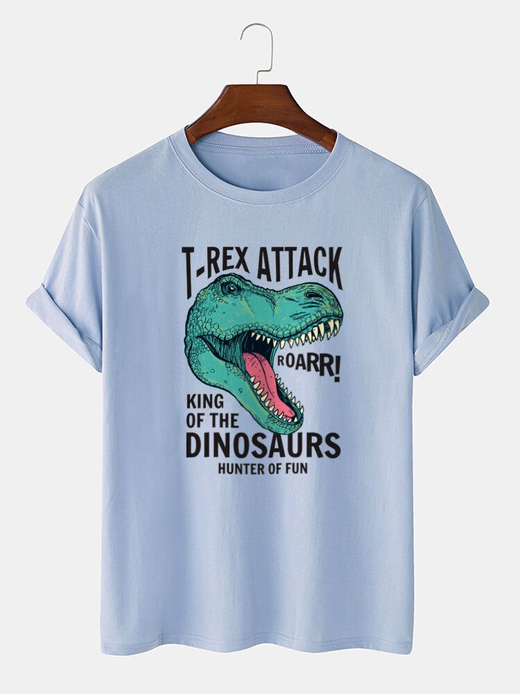 Męski Cartoon Dinosaur Letter Print O-neck 100% Bawełniane Koszulki Z Krótkim Rękawem