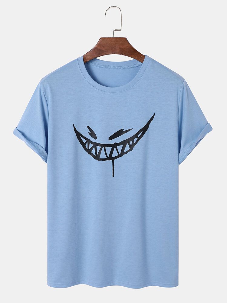 Męskie Evils Smile Print Hem Mankiet Wszystkie Dopasowane Koszulki Przyjazne Dla Skóry Crew Neck