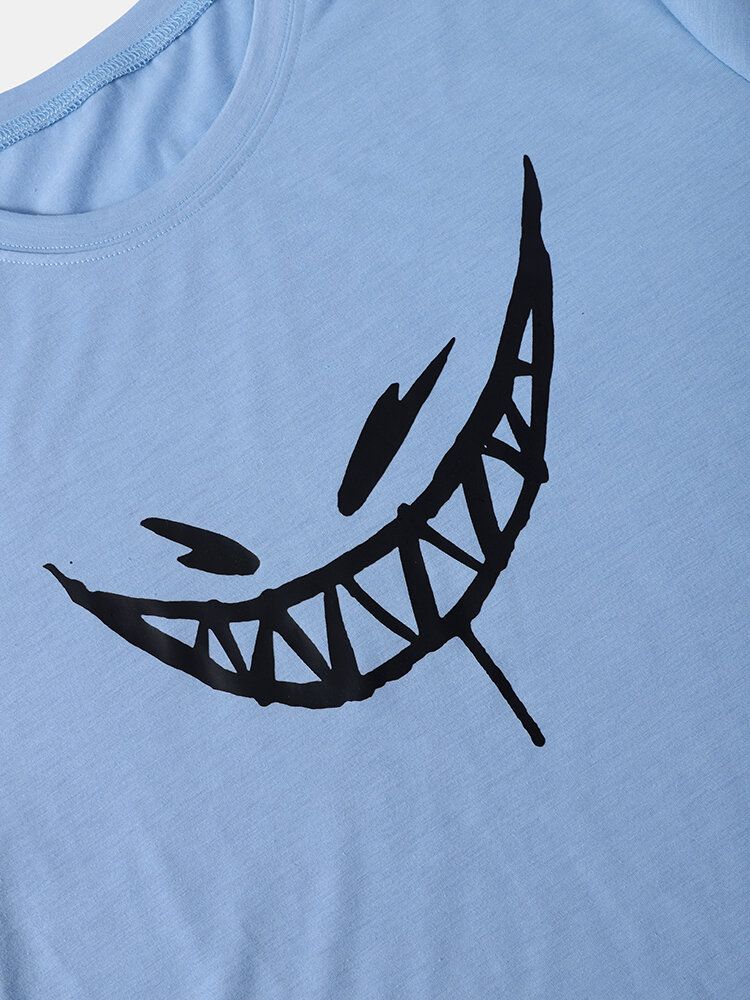 Męskie Evils Smile Print Hem Mankiet Wszystkie Dopasowane Koszulki Przyjazne Dla Skóry Crew Neck