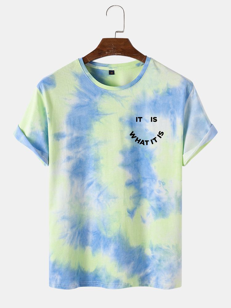 Męskie Koszulki Z Napisem Smile Letter Print Tie Dye Crew Neck Street!