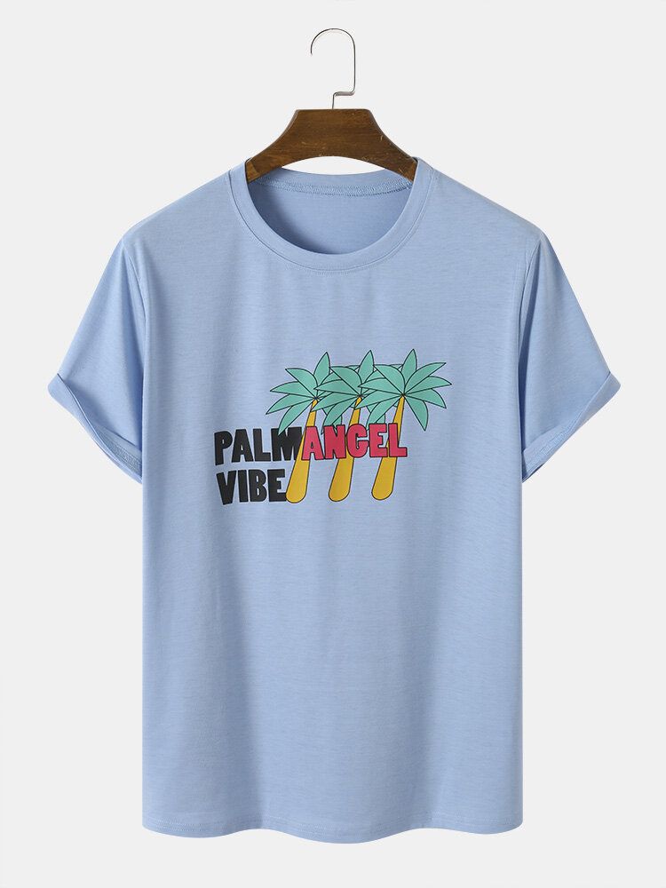 Męskie Palm Tree Letter Print Casual Wszystkie Dopasowane Przyjazne Dla Skóry T-shirty Z Okrągłym Dekoltem