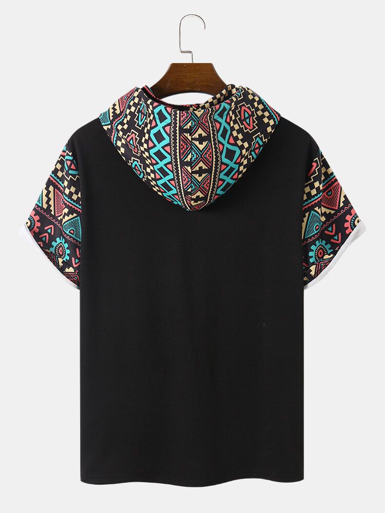 Męskie Tribal Geometryczny Nadruk Patchwork Podwójna Kieszeń Z Kapturem T-shirty Z Krótkim Rękawem