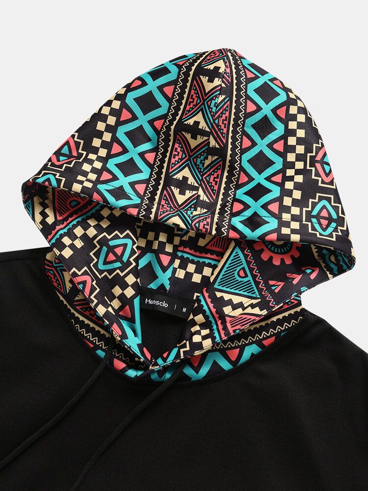 Męskie Tribal Geometryczny Nadruk Patchwork Podwójna Kieszeń Z Kapturem T-shirty Z Krótkim Rękawem