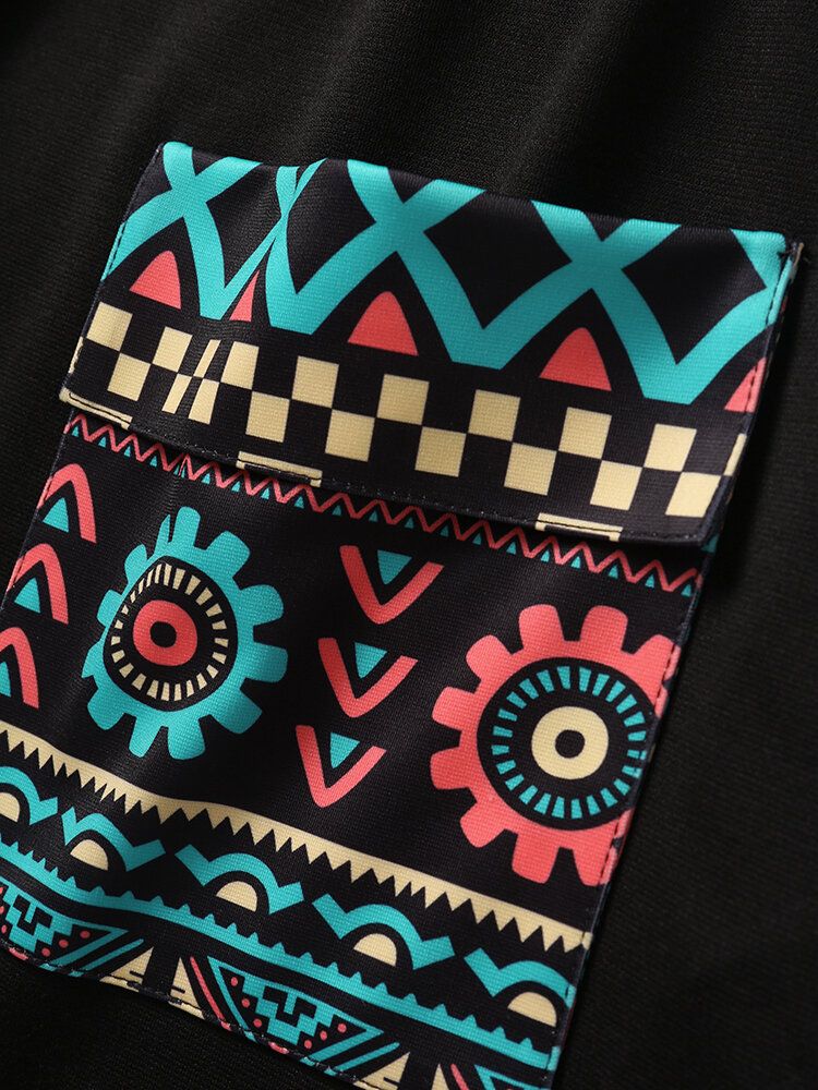 Męskie Tribal Geometryczny Nadruk Patchwork Podwójna Kieszeń Z Kapturem T-shirty Z Krótkim Rękawem