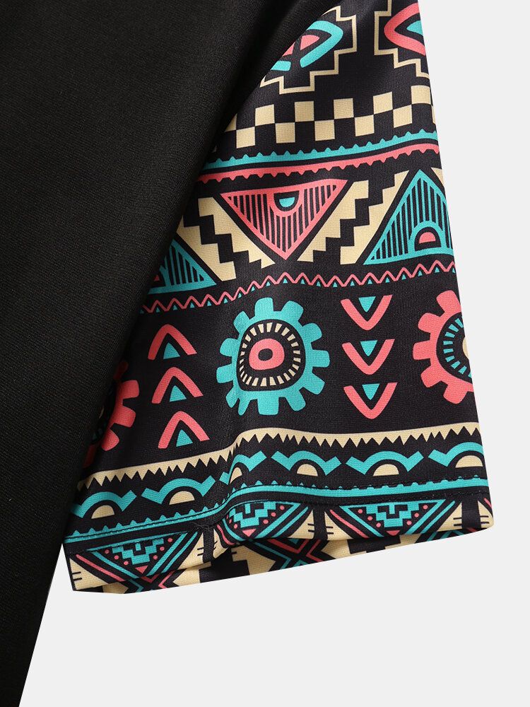 Męskie Tribal Geometryczny Nadruk Patchwork Podwójna Kieszeń Z Kapturem T-shirty Z Krótkim Rękawem