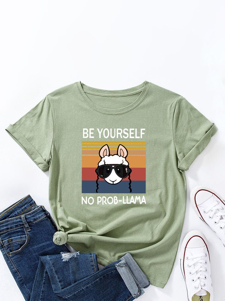 T-shirt Damski Z Okrągłym Dekoltem I Motywem Kreskówkowym Ze Zwierzęcym Hasłem