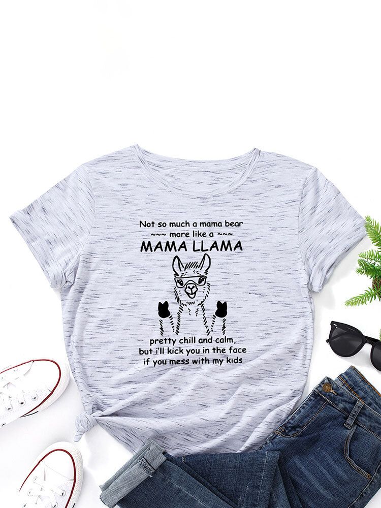 T-shirt Z Okrągłym Dekoltem Cartoon Alpaca Letters Dla Kobiet