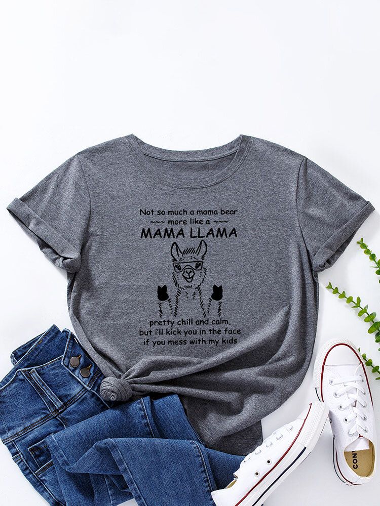 T-shirt Z Okrągłym Dekoltem Cartoon Alpaca Letters Dla Kobiet