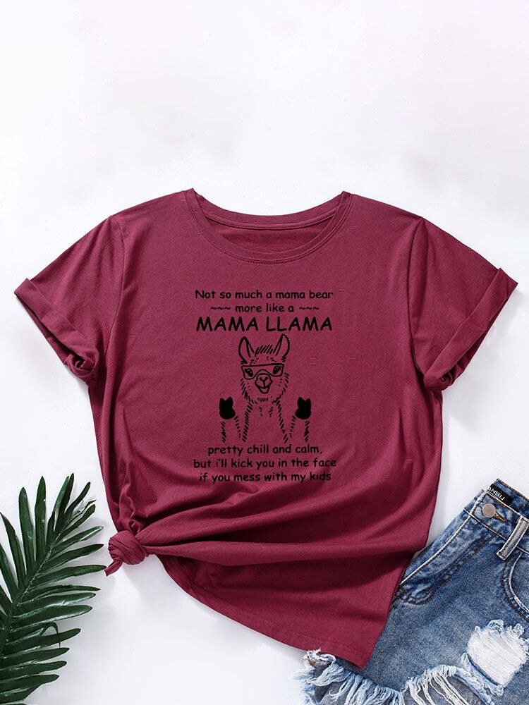 T-shirt Z Okrągłym Dekoltem Cartoon Alpaca Letters Dla Kobiet