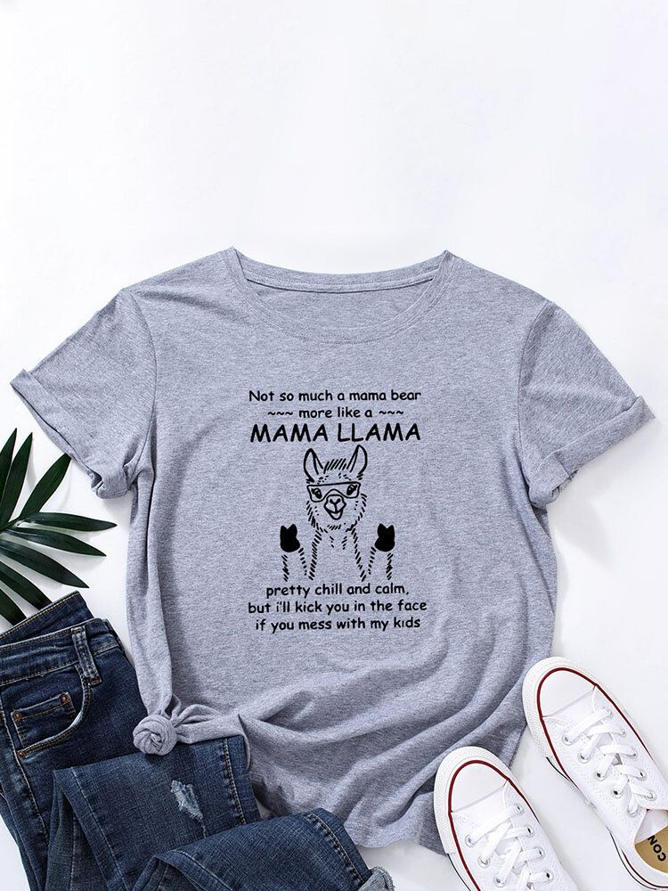 T-shirt Z Okrągłym Dekoltem Cartoon Alpaca Letters Dla Kobiet