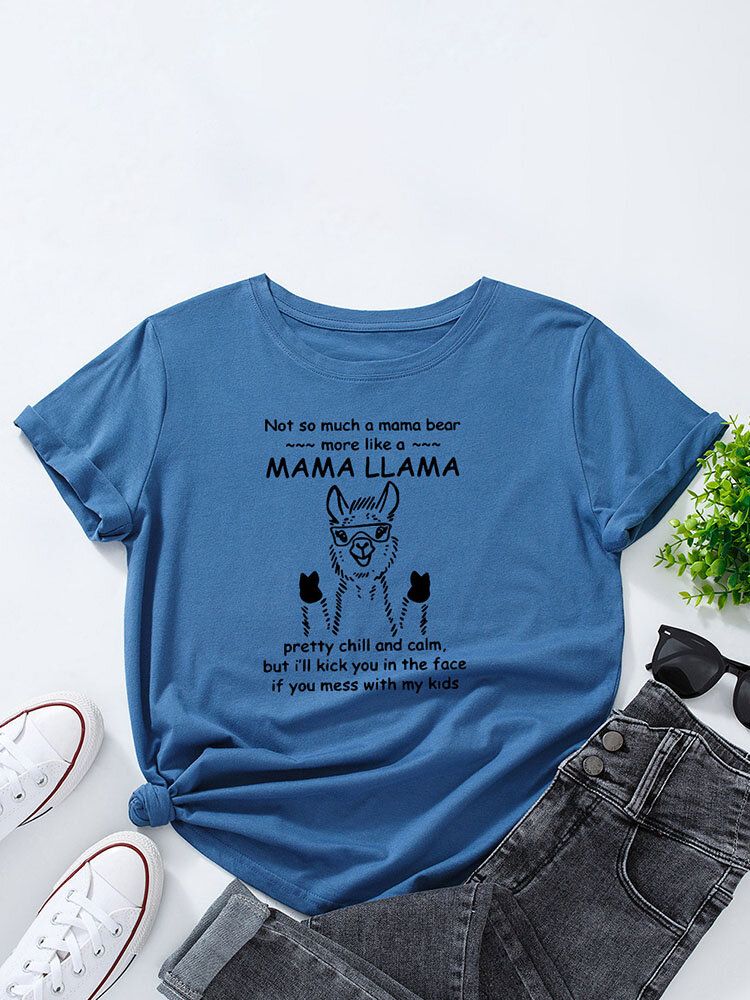 T-shirt Z Okrągłym Dekoltem Cartoon Alpaca Letters Dla Kobiet