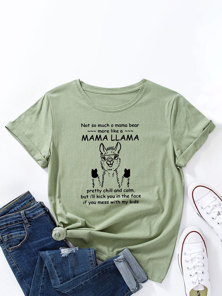 T-shirt Z Okrągłym Dekoltem Cartoon Alpaca Letters Dla Kobiet