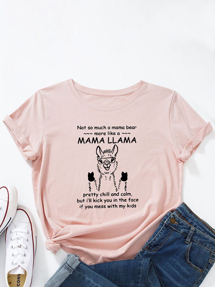 T-shirt Z Okrągłym Dekoltem Cartoon Alpaca Letters Dla Kobiet