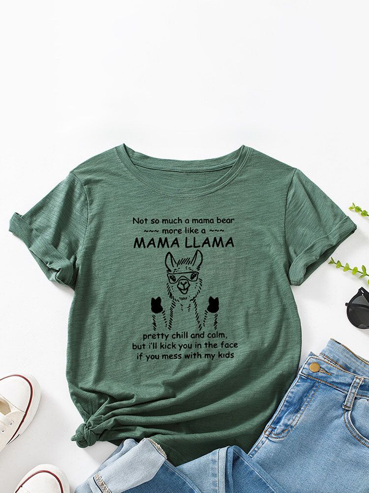 T-shirt Z Okrągłym Dekoltem Cartoon Alpaca Letters Dla Kobiet