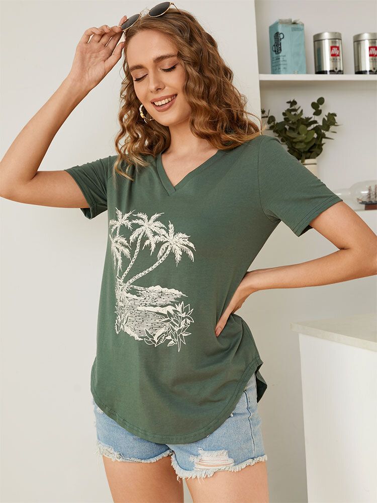 V-neck Loose Fit Pattern Casual Letnia Koszulka Z Krótkim Rękawem