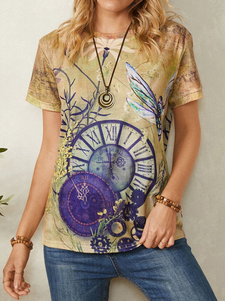 Zegar Dragonfly Print Z Krótkim Rękawem O-neck Casual Vintage T-shirt Dla Kobiet