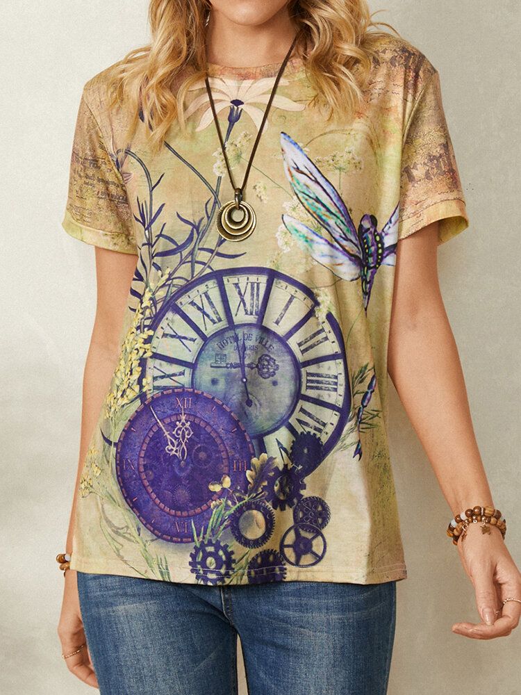 Zegar Dragonfly Print Z Krótkim Rękawem O-neck Casual Vintage T-shirt Dla Kobiet