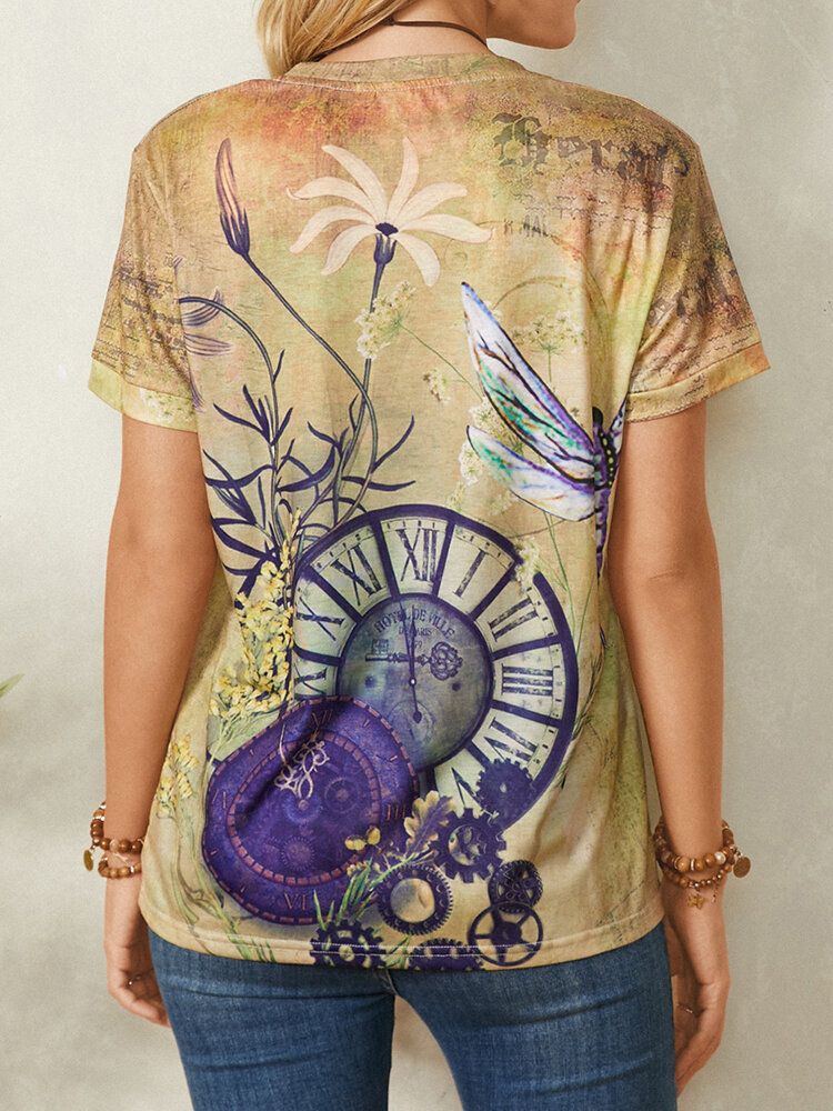 Zegar Dragonfly Print Z Krótkim Rękawem O-neck Casual Vintage T-shirt Dla Kobiet