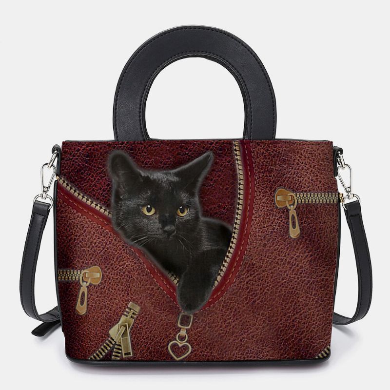 Kobiety Faux Leather Cartoon Black Cat Pattern Multi-carry Torebka Crossbody Torby Satchel Bag