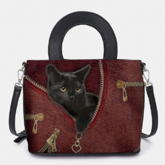 Kobiety Faux Leather Cartoon Black Cat Pattern Multi-carry Torebka Crossbody Torby Satchel Bag