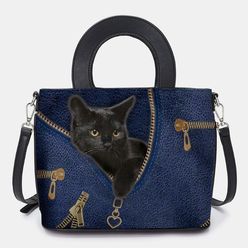 Kobiety Faux Leather Cartoon Black Cat Pattern Multi-carry Torebka Crossbody Torby Satchel Bag