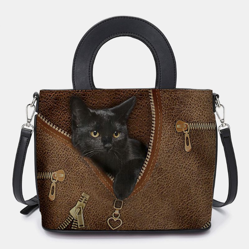 Kobiety Faux Leather Cartoon Black Cat Pattern Multi-carry Torebka Crossbody Torby Satchel Bag