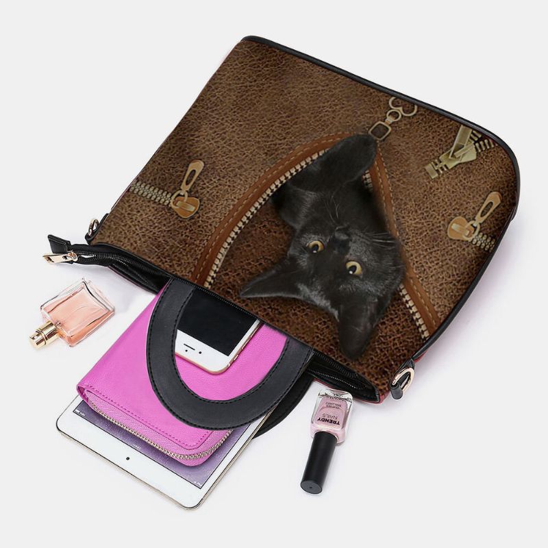 Kobiety Faux Leather Cartoon Black Cat Pattern Multi-carry Torebka Crossbody Torby Satchel Bag