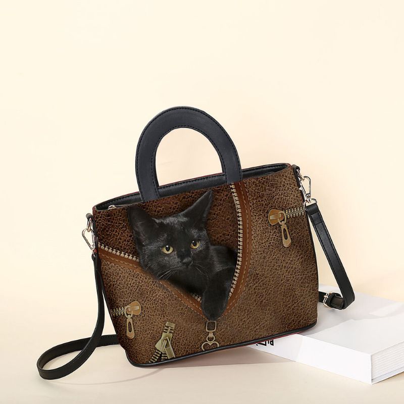 Kobiety Faux Leather Cartoon Black Cat Pattern Multi-carry Torebka Crossbody Torby Satchel Bag