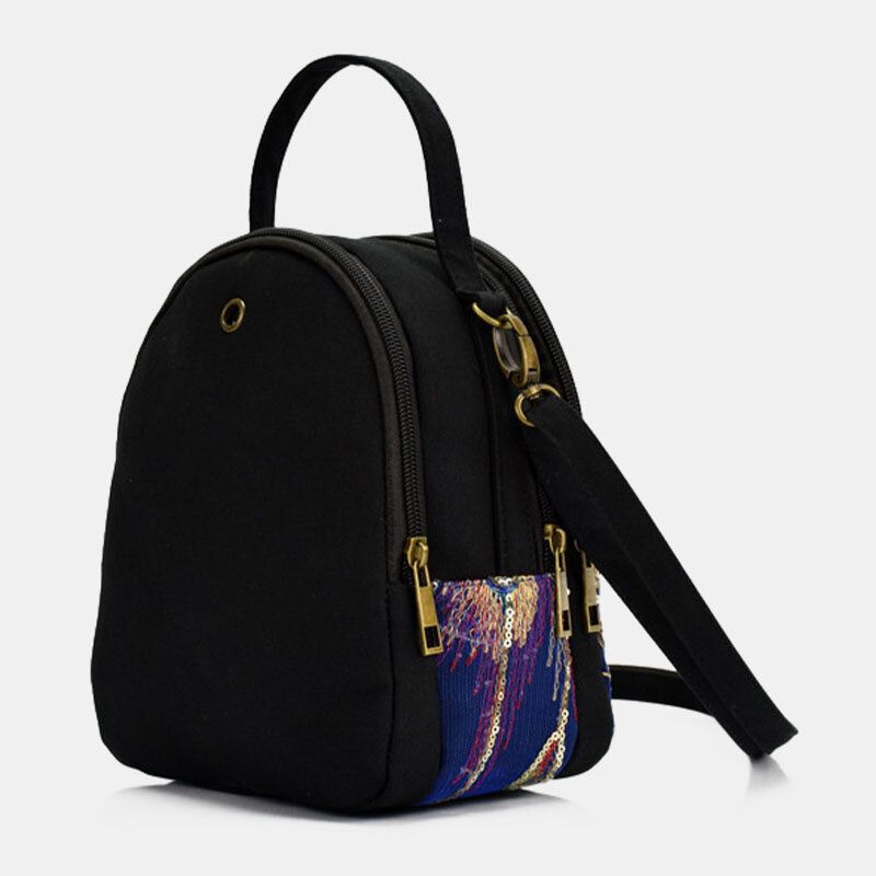 Kobiety Płótno Etniczne Hafty Wzór Pawia Cekiny Mini Torebka Multi-carry Torba Crossbody