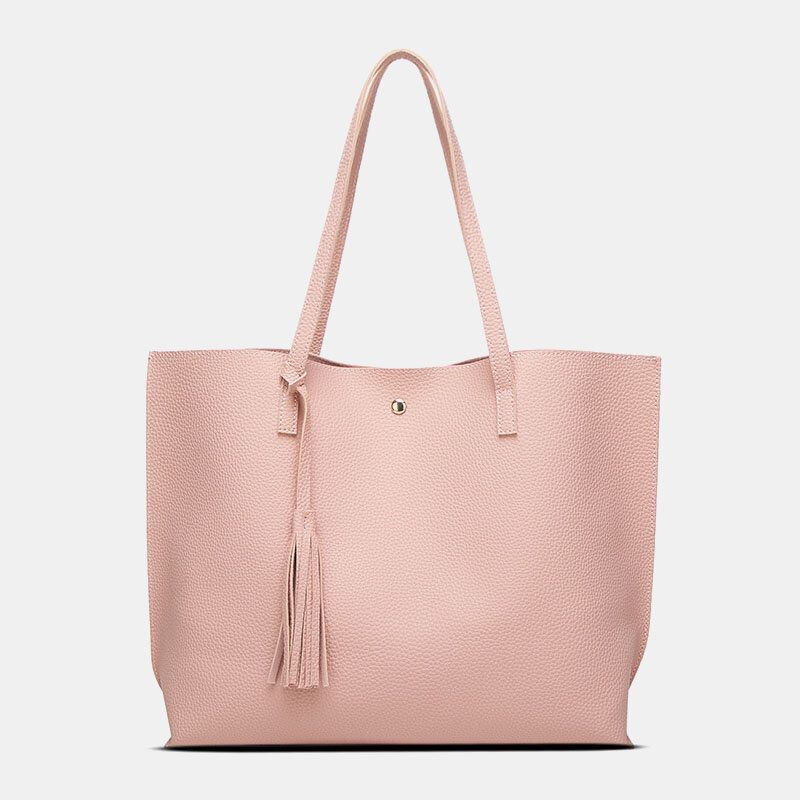 Kobiety Pu Leather Lychee Pattern Duża Pojemność Casual Tassel Solidna Torebka Na Ramię Torebka