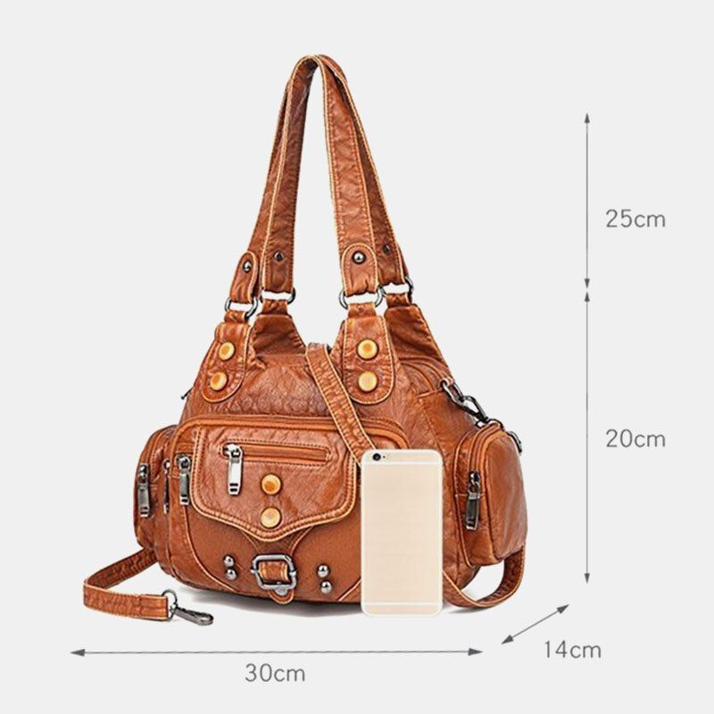 Kobiety Pu Skóra O Dużej Pojemności Z Wieloma Kieszeniami Nit Dekoracji Retro Miękkie Torebki Na Ramię Torebki Crossbody