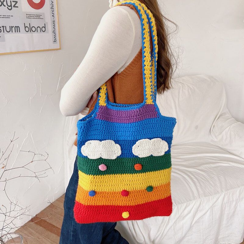 Kobiety Rainbow Stripe Cartoon Cute Casual Youth Wełniana Torba Z Dzianiny Torebka Tote Torba Crossbody