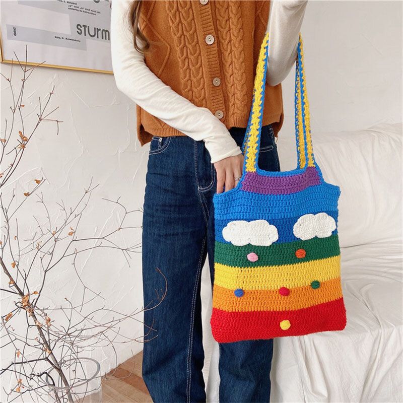 Kobiety Rainbow Stripe Cartoon Cute Casual Youth Wełniana Torba Z Dzianiny Torebka Tote Torba Crossbody